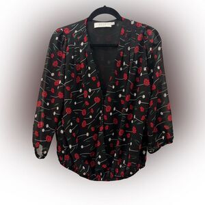 ASTR Surplice Floral Wrap Top 3/4 Sleeve Elastic Waist Romantic Blouse Medium